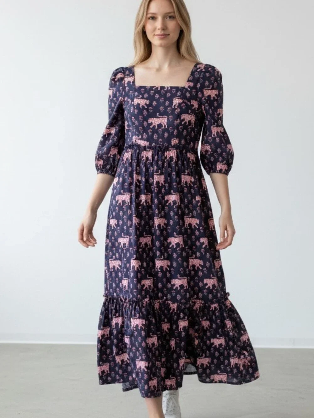 Crown & Ivy Cotton Navy Dress with Pink Leopard Print NEW
